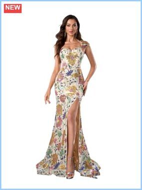 Floral Sequin Mermaid Maxi Dress Evening Prom Gown with Slit